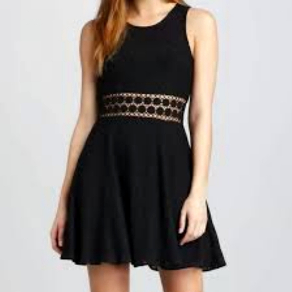 Free People Black Sleeveless Fit-and-Flare Dress with Crochet Waist
